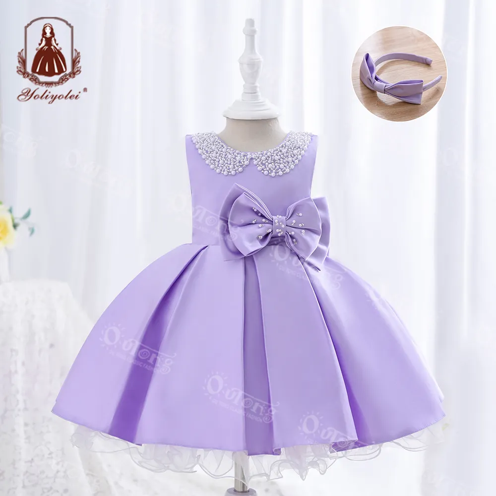Vestido de princesa plisado con lazo para niña, Ropa de verano personalizada, 2-5T, elegante, púrpura, Boutique, con cuentas