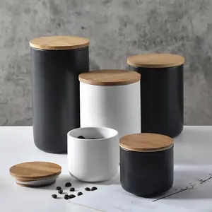 Big capacity matt black glazed stoneware kitchen food storage containers ceramic jars with bamboo lid