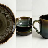 Service de vaisselle EKA de luxe en porcelaine réactive, fait main, style vintage, avec assiettes et tasses à motif ondulé, idéal pour l'hôtellerie et la restauration
