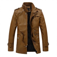 Veste en cuir de mouton marron pour homme, col montant, fermeture éclair, coupe régulière, coupe-vent, imperméable, automne-hiver