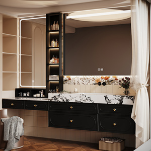 Mueble de Baño de Estilo Retro Francés, Gabinete de Madera Maciza, Encimera de Piedra Sinterizada Integrada, Espejo Inteligente, para Hotel o Villa - Product Image 4