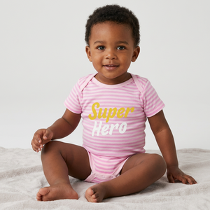 Mono rosa a rayas para niñas pequeñas, mono de algodón suave con estampado de superhéroe, manga corta y cuello redondo para bebés y niños pequeños - Product Image 1