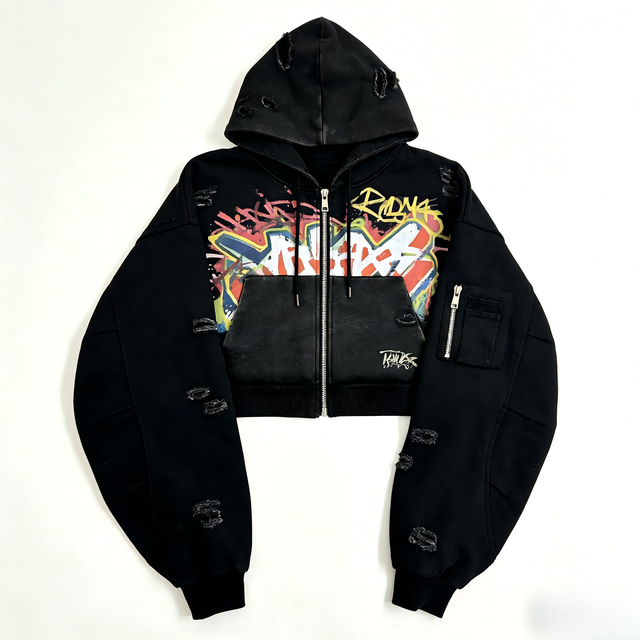 Unisex Vintage Hoodie Distressed Graffiti Print Regular Full Zip Hoodie High Street Punk Hip Hop Streetwear Ripped Detail Cotton