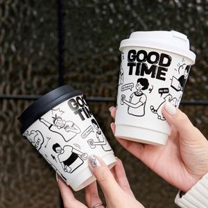 Gobelets en papier jetables à double paroi de 10 oz personnalisés, avec couvercles, pour café, thé au lait, boissons chaudes, motifs graffiti peints à la main - Product Image 2