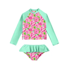 新款更新定制西式印花婴儿2件套游泳面料儿童沙滩泳衣套装小女孩长袖泳衣