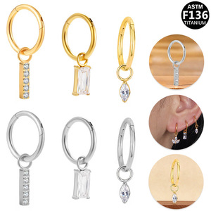Titanium Pendant <b>Earrings</b> With Zirconia Drop Hoop Studs For Ear Piercing Jewelry ASTM F136 Gold Silver Tone - Product Image 1
