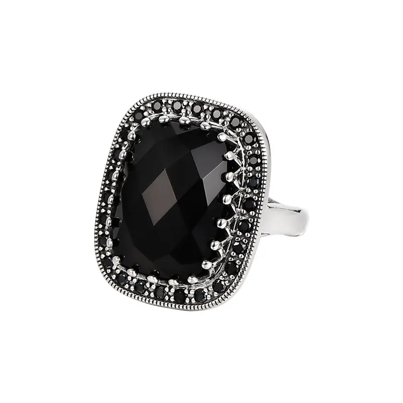 Mens Turkish 925 Sterling Silver Square Natural Black Onyx Stone Finger Rings Jewelry For Women