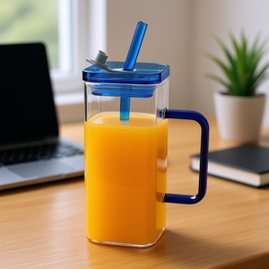 Blue High Borosilicate Square Glass <b>Cup</b> With Flip <b>Straw</b> Lid 600Ml For Office Tea <b>Coffee</b> Juice Gift - Product Image 2