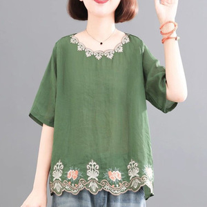Women's Cotton <b>Linen</b> Short Sleeve <b>Top</b> Emerald Green Embroidery Vintage Casual Blouse Plus Size Summer Loose Fit T-Shirt - Product Image 3