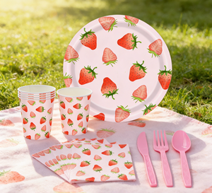 <span class=keywords><strong>Vaisselle</strong></span> jetable rose pour fête d'anniversaire sur le thème des fraises, baby shower, pique-nique, pour filles - Product Image 2