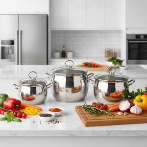 Juego <span class=keywords><strong>de</strong></span> Utensilios <span class=keywords><strong>de</strong></span> Cocina Minimalistas y Ecológicos <span class=keywords><strong>de</strong></span> Acero Inoxidable OEM, <span class=keywords><strong>Ollas</strong></span> y Sartenes Clásicas <span class=keywords><strong>de</strong></span> Acero Quirúrgico 304 con Tapa <span class=keywords><strong>de</strong></span> Vidrio para Cocina Casera - Product Image 1