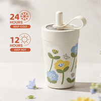 Tumbler Berlapis Keramik dengan Tutup Sedotan, Motif Bunga, Portabel, Terbuat dari Baja Tahan Karat 304, Cangkir Kopi untuk Perjalanan dengan Kotak Hadiah Khusus