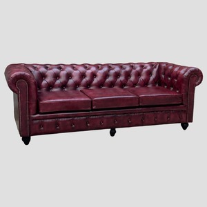 Elegante Sofá Chesterfield Rojo Vino, Sofá Tapizado con Botones Profundos de Cuero Genuino, Muebles de Sala de Estar de Lujo, Estilo Clásico - Product Image 2