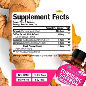 Cápsulas de Cúrcuma y Azafrán en Envase OEM, Contienen Cúrcuma con Extracto de Azafrán, para la Claridad Mental, Píldoras de Curcumina y Azafrán - Product Image 2