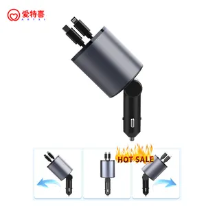 Fashional New 4-in-1 Fast Retractable USB C Car Charger 100W Fast Charge with 2 Retractable Cables and USB Port Adapter