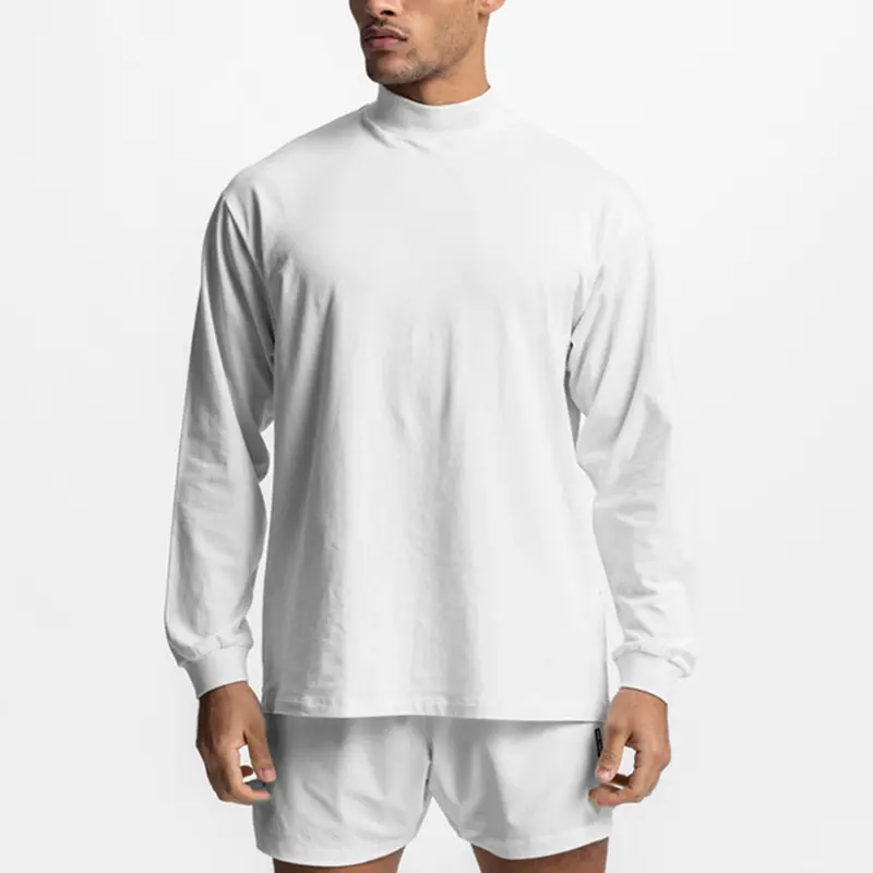 G TOP spring loose fit blank long sleeve t shirt gym active cotton men turtle neck men t-shirt for men