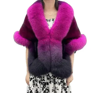 Renkli kış moda sıcak gerçek vizon kürk pelerin tilki kürk Trim ile