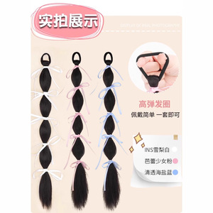 Extensiones de cabello con trenza de burbujas y lazo negro con lazo rosa, estilo cola de caballo doble para mujeres, look de bailarina - Product Image 3