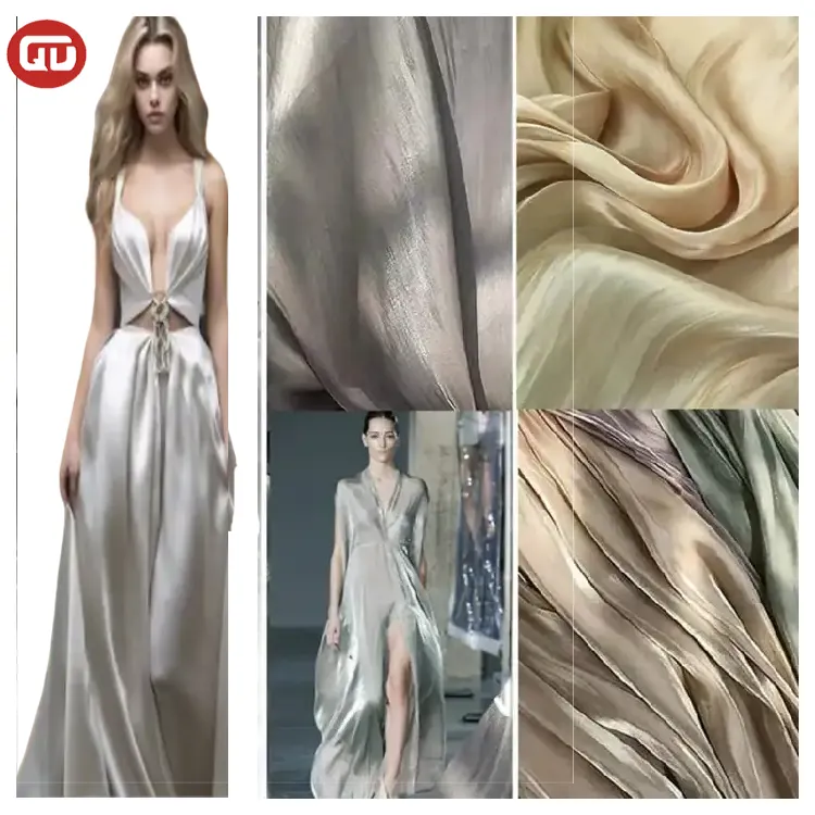 Groothandel Glanzende Yoyo Shimmer Chiffon Satijn Stof Geplooid Luxe Chiffon Organza Parel Stof Voor Indonesië Markt