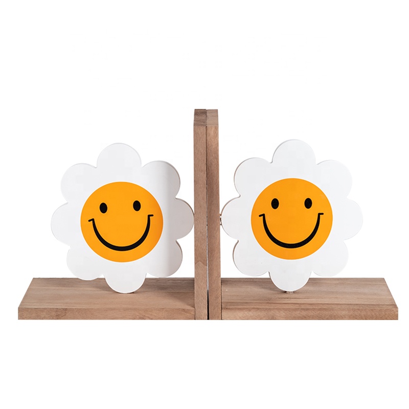 EAGLEGIFTS Wholesale Modern Customized Design Smile Flower Desk Table Bookshelf Organizer Decorative Wooden Bookends Home Decor