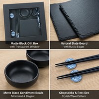 Ensemble de Plats à Sushi en Ardoise Seigaiha avec Logo Personnalisé, Planche de Service en Pierre Naturelle, Bols à Condiments, Repose-Baguettes, Boîte Cadeau