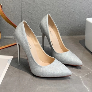 New Bride Wedding Shoe <b>Sequin</b> Dress Thin Summer <b>Red</b> Rubber Bottom Women Shoes Sexy Classy Pointed Toe <b>Red</b> Sole Super High Pumps - Product Image 2