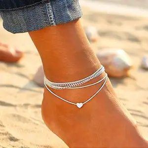 DS079 Frauen Mädchen Bohemian Beach Knöchel kette Verstellbares Armband Fuß schmuck Versilberte Perlen Herz Charm Fußkettchen