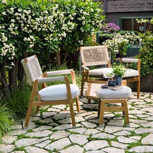 Sillas de Jardín para Exteriores, Muebles de Madera de Teca, Sillas de Bistró, Tejidas con Cuerda, Apilables, para Patio, Comedor, Restaurante - Product Image 1