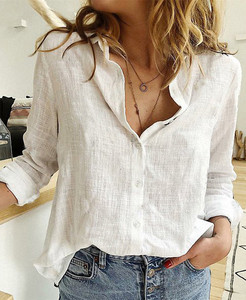 Damen Casual Style Baumwolle Leinen Langarm Bluse Einreiher Knopf Revers Kragen Solid Vacation Loose Tops Größen S-5XL - Product Image 6