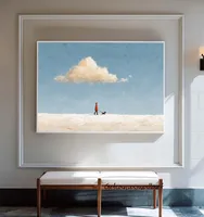 Peinture à l'huile sur toile texturée faite à la main, motif nuage blanc moderne avec paysage bleu ciel élégant, décoration murale pour salon