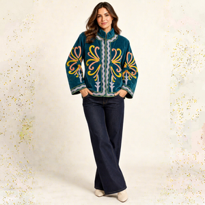 Blouson bomber en velours bleu turquoise brodé à la main pour femme, vêtement de mode hivernal - Product Image 1