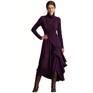 Vestido largo maxi de cuello alto para mujer, de manga larga, con volantes asimétricos, ajustado al cuerpo, a la moda - Product Image 3