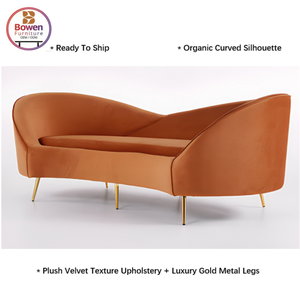 <span class=keywords><strong>Canapé</strong></span> Chesterfield 3 <span class=keywords><strong>places</strong></span> incurvé en velours orange brûlé, style moderne, biologique, avec pieds métalliques coniques dorés, pour un intérieur chaleureux et rustique, idéal pour hôtels et salons. - Product Image 1