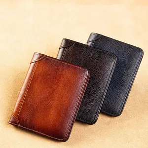 Billetera de cuero genuino Rfid para hombre, billetera pequeña Vintage plegable 3