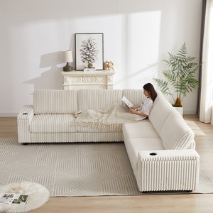 Oversized L-Shaped Corduroy Corner Sofa Set Modern Design Two <b>Storage</b> Spaces <b>USB</b> Type-C Port Cup Holder Deep Seat Living Room - Product Image 2