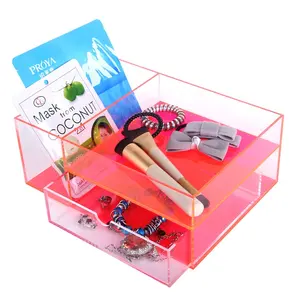 Large capability acrylic make up jewelry box organizer desk organizer with neon read bottom