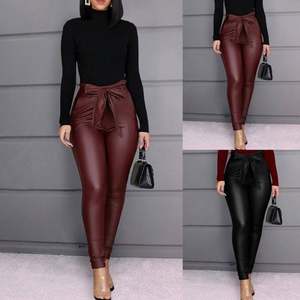 批发定制女式春秋季性感时尚PU皮革打底裤女士蝴蝶结纯色修身紧身长裤打底裤 - Product Image 3
