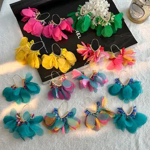 Handmade Bohemian Women Summer Beach Lace Flower Earrings Colorful Beaded Lace Fabric Floral Earrings