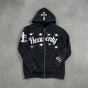 Heavenly Zip-Up Hoodie <b>Men's</b> <b>Black</b> Fleece Streetwear Oversized Hooded <b>Sweatshirt</b> with Cross and Star Print - Product Image 3
