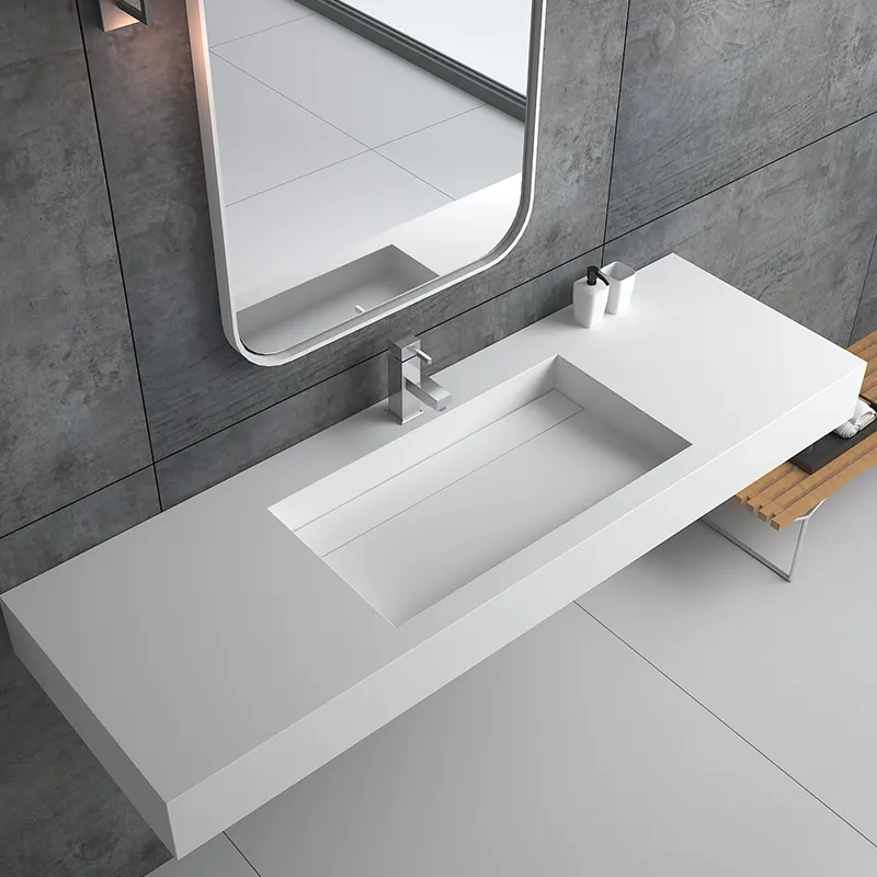 Pia de banheiro moderna retangular de tamanho grande para bancada de hotel, pia de parede suspensa, pia de superfície sólida