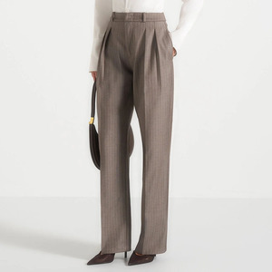 Pantalon droit plissé taille haute pour femme, en mélange de laine et polyester rayé, longueur complète, formel, pour l'automne, infroissable - Product Image 1