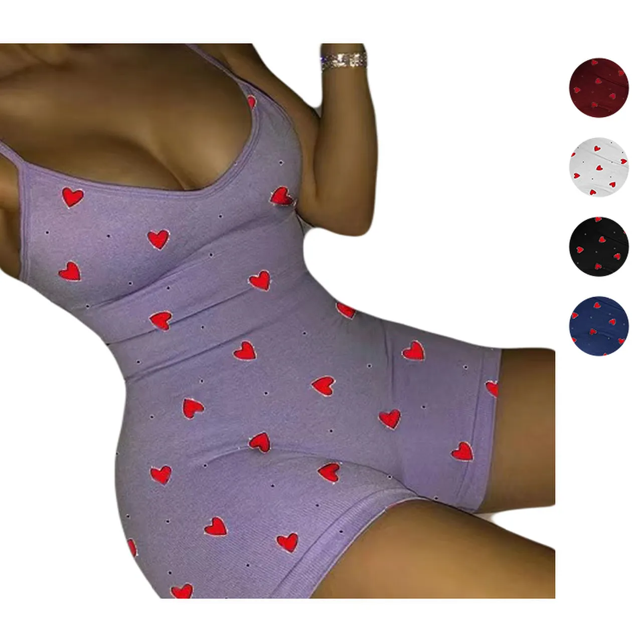 2022 New Arrivals Women's Sleepwear Summer Spaghetti Strap With Hearts Pajamas Women Sleeveless Onesie For Adults