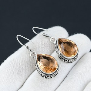 ต่างหูแบบเกี่ยวอัญมณีทรงลูกแพร์ทรงเหลี่ยมเพชรพลอยสีเงินสเตอร์ลิง925ทำด้วยมือสำหรับงานปาร์ตี้ของขวัญโรงงาน - Product Image 1