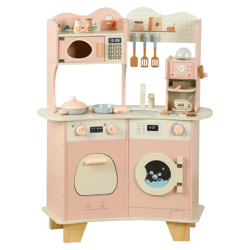 wholesale educational toy wooden kitchen A Modern home simulation cabinets refrigerators water sinks play kitchen set for kids