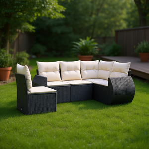 Set divano da giardino in rattan bianco crema e nero, 6 posti, mobili da esterno, design contemporaneo - Product Image 2