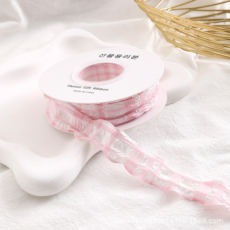 Ruban à carreaux plissé rose- 2,5cm