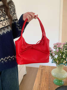 New retro bow <b>handbag</b> shoulder bag <b>red</b> women's autumn and winter large capacity bucket bag - Product Image 5