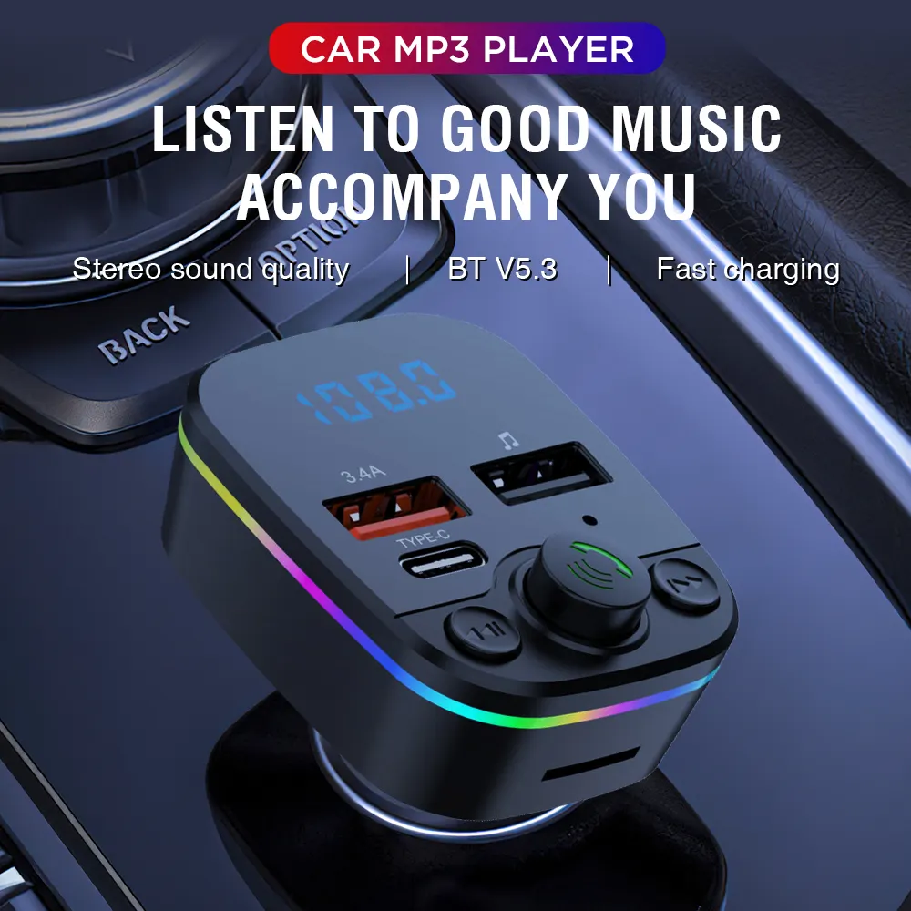 C6 뜨거운 판매 자동차 fm 송신기 mp3 플레이어 듀얼 USB & type-C 5V3.1A 충전 다채로운 LED 조명 변조기 BT V5.3 수신기