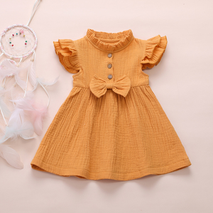 Chaud semi-col roulé robe d'été coton lin crêpe clapet manches cousu nœud robe couleur unie princesse robe pour fille - Product Image 5
