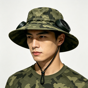 Unisex Camo Wide Brim Bucket <b>Hat</b> Dual <b>Cooling</b> Fans UPF50+ UV Protection Outdoor Fishing Hiking Windproof Chin Strap <b>Hat</b> - Product Image 1